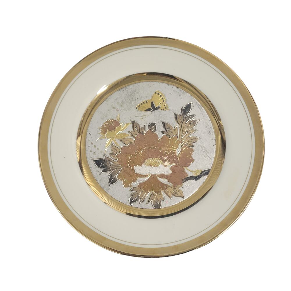 Japanese Chokin Plate Yoshinobu Hara Butterfly Floral 1983 Number Signed Vintage